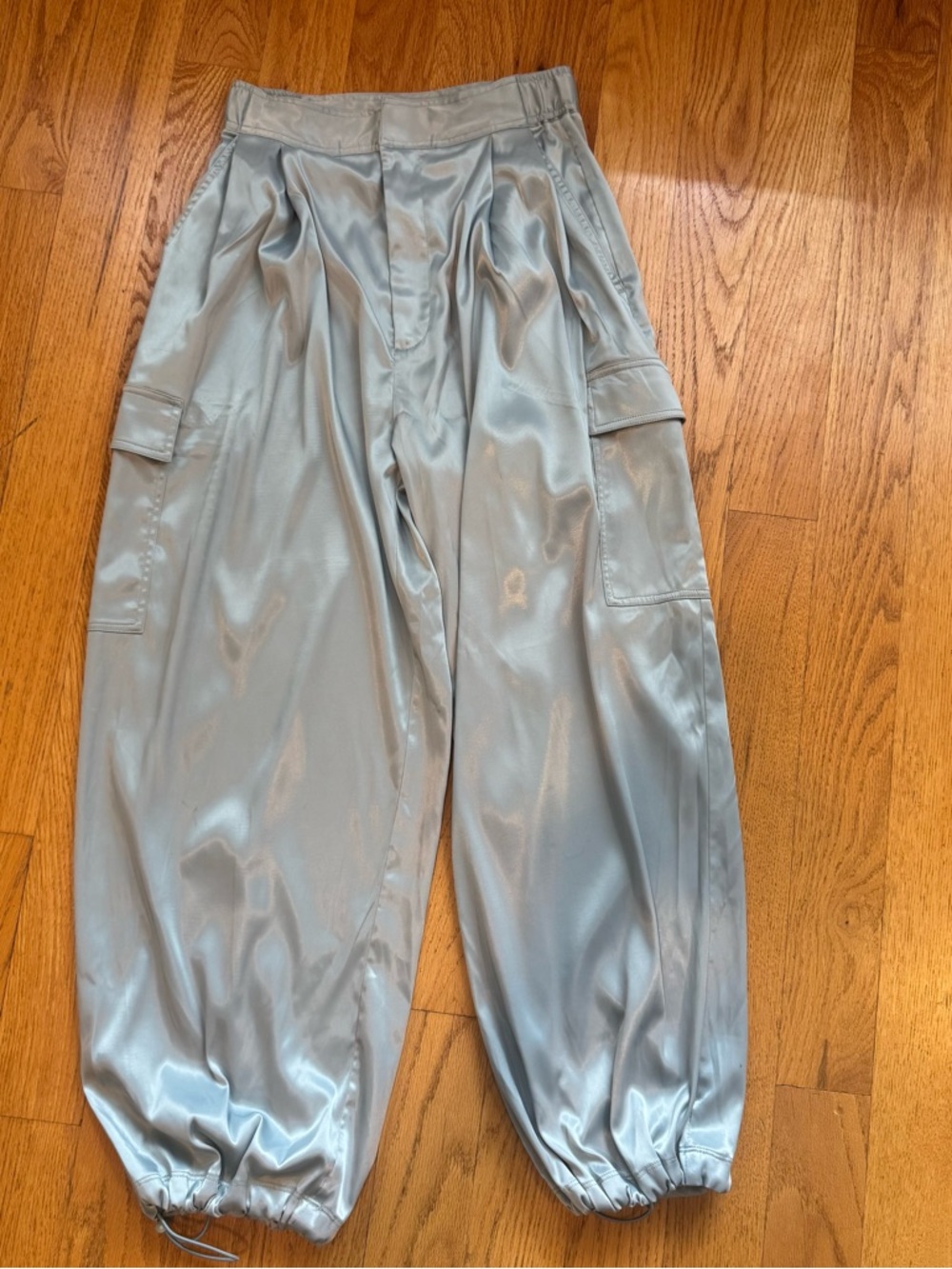 Satin Cargo Jogger Pants in Light Silver-Blue